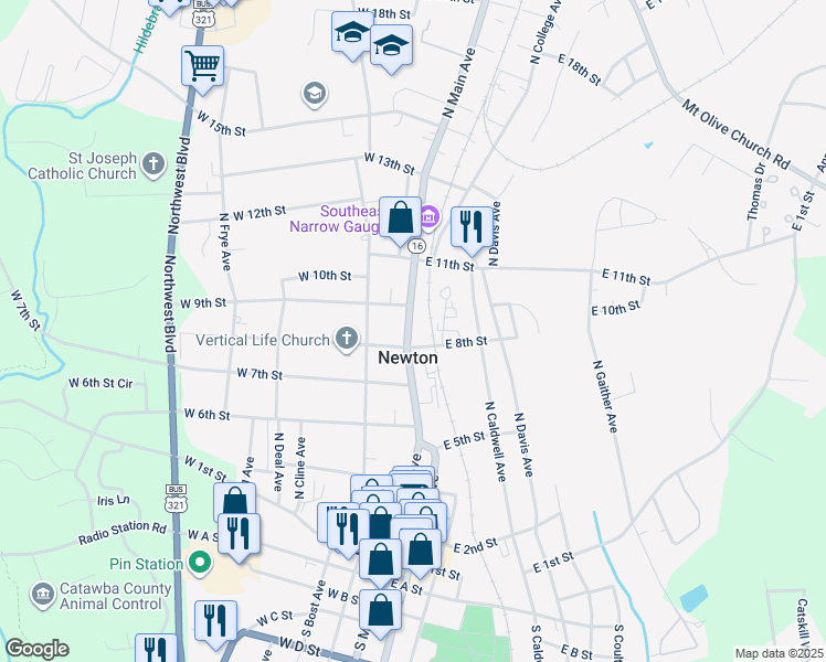 map of restaurants, bars, coffee shops, grocery stores, and more near 815 North Main Avenue in Newton