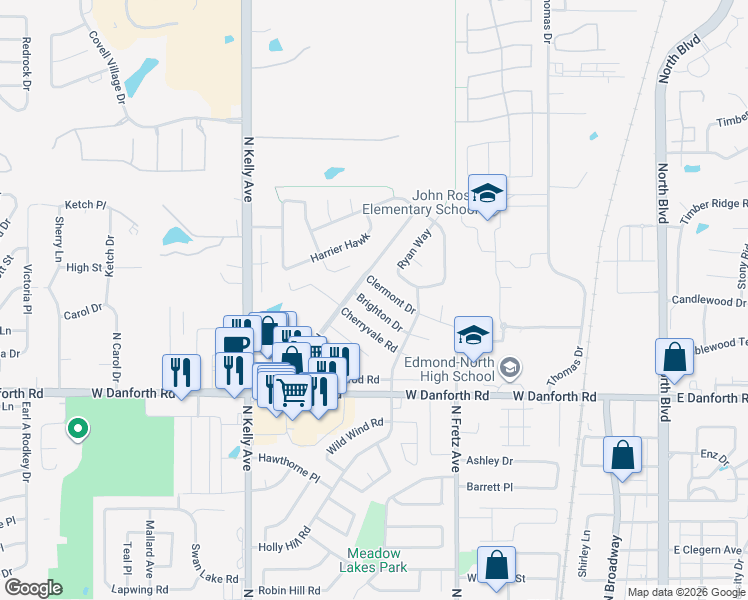 map of restaurants, bars, coffee shops, grocery stores, and more near 505 Cherryvale Road in Edmond