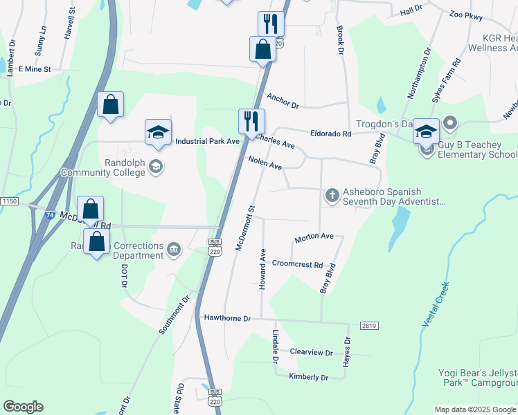 map of restaurants, bars, coffee shops, grocery stores, and more near 210 Auman Avenue in Asheboro