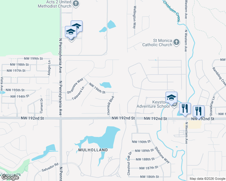 map of restaurants, bars, coffee shops, grocery stores, and more near 1701 Northwest 196th Street in Edmond