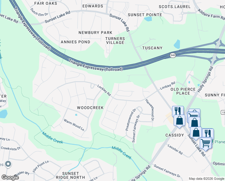 map of restaurants, bars, coffee shops, grocery stores, and more near 5200 Lockley Road in Apex