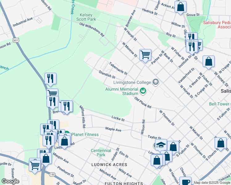 map of restaurants, bars, coffee shops, grocery stores, and more near 1216 Old Plank Road in Salisbury