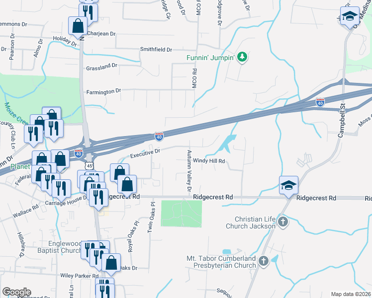 map of restaurants, bars, coffee shops, grocery stores, and more near 119 Autumn Valley Drive in Jackson