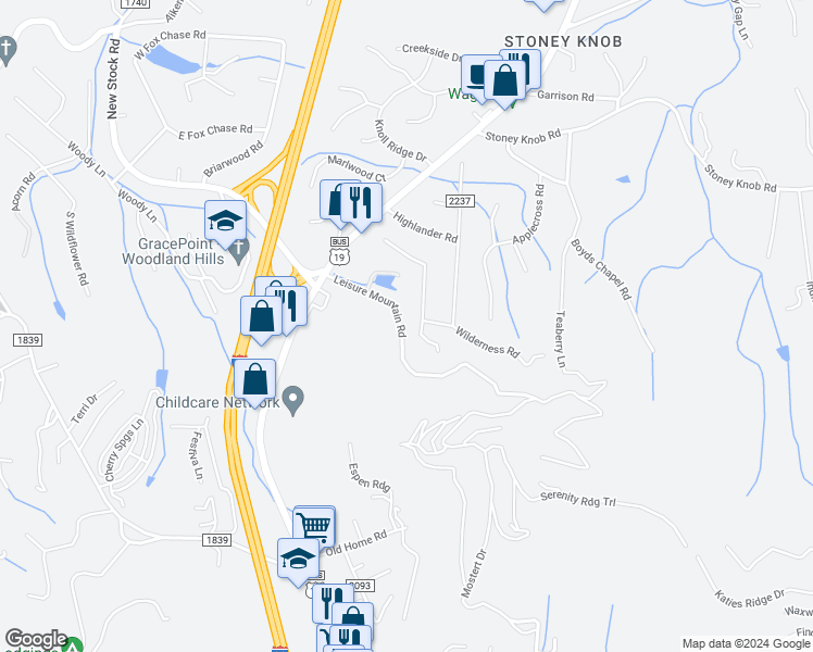 map of restaurants, bars, coffee shops, grocery stores, and more near 26 Leisure Mountain Road in Asheville