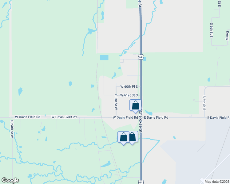 map of restaurants, bars, coffee shops, grocery stores, and more near 6013 South 1st Street West in Muskogee