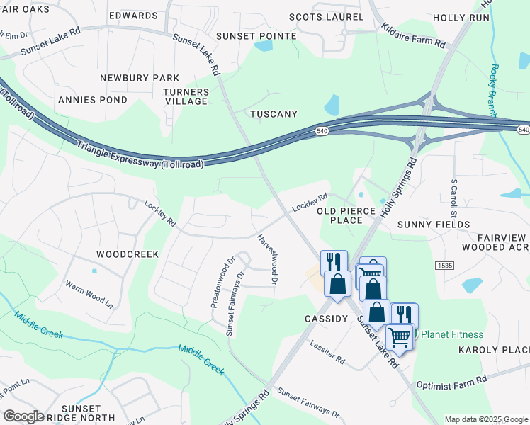 map of restaurants, bars, coffee shops, grocery stores, and more near 99 Pleasant Glen Lane in Apex
