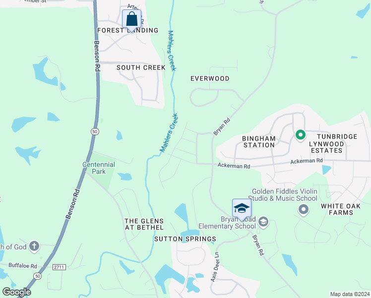 map of restaurants, bars, coffee shops, grocery stores, and more near Bryan Drive in Garner
