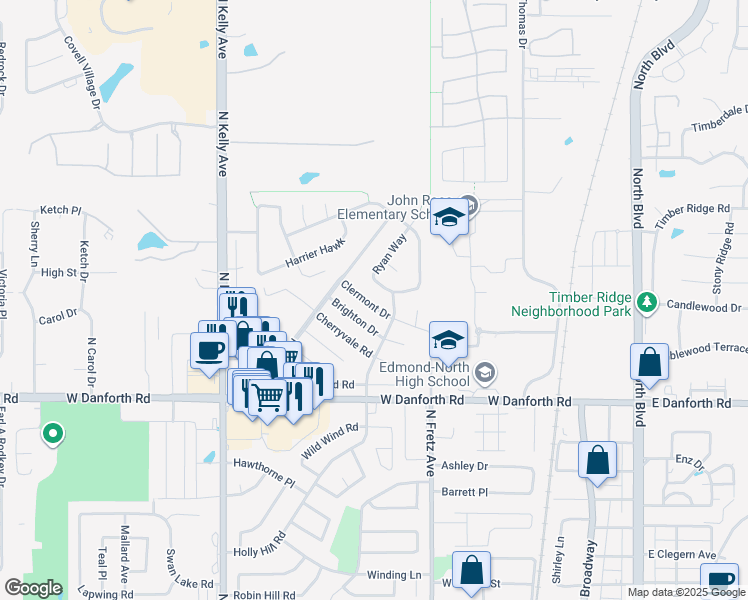 map of restaurants, bars, coffee shops, grocery stores, and more near 413 Clermont Drive in Edmond