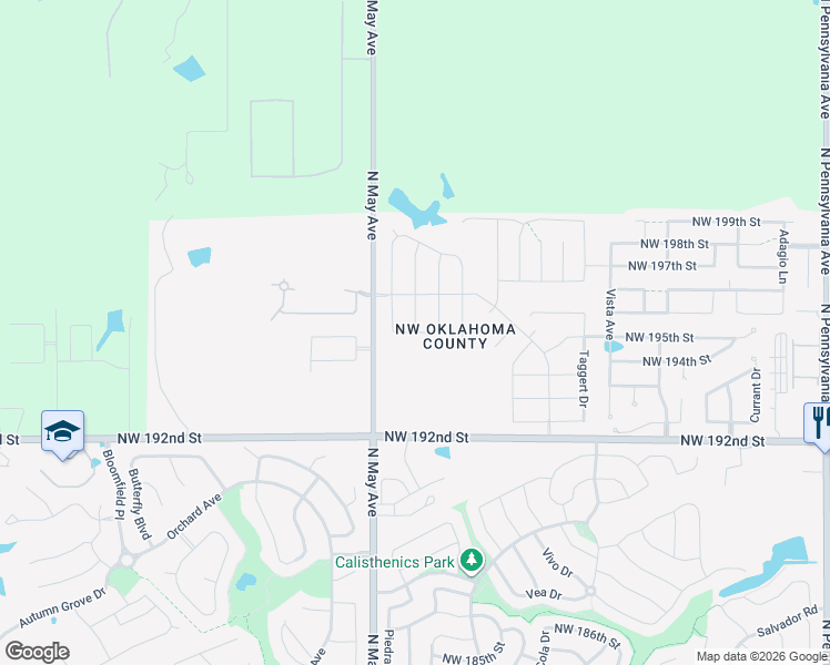 map of restaurants, bars, coffee shops, grocery stores, and more near 19601 Brookville Drive in Edmond