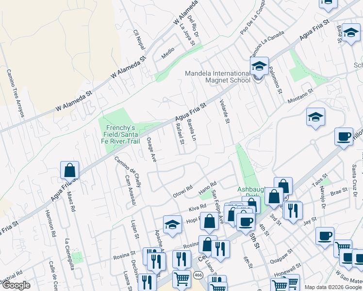 map of restaurants, bars, coffee shops, grocery stores, and more near 517 Rafael Street in Santa Fe