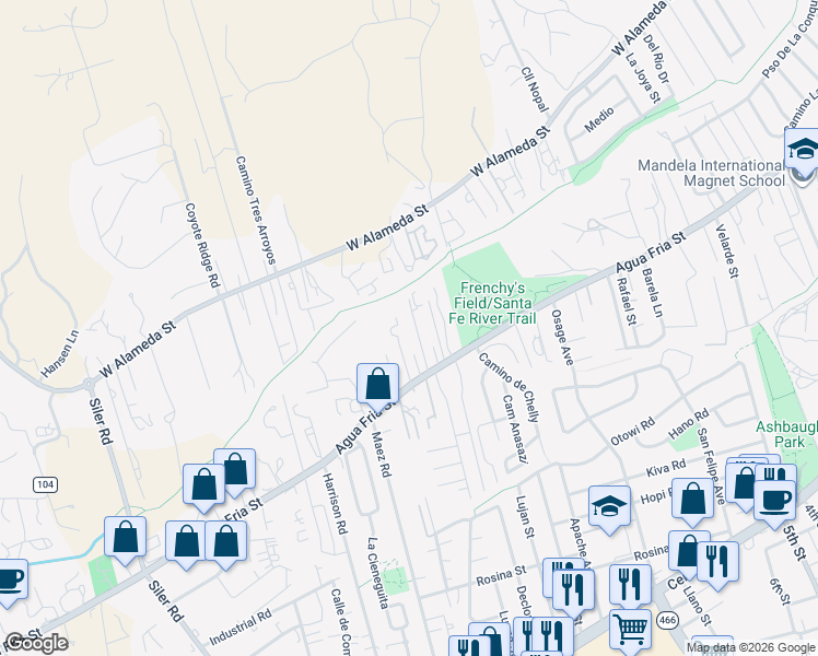 map of restaurants, bars, coffee shops, grocery stores, and more near 1304 Camino Carlos Rael in Santa Fe