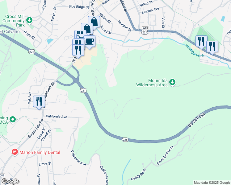 map of restaurants, bars, coffee shops, grocery stores, and more near 462 Forest Heights Drive in Marion