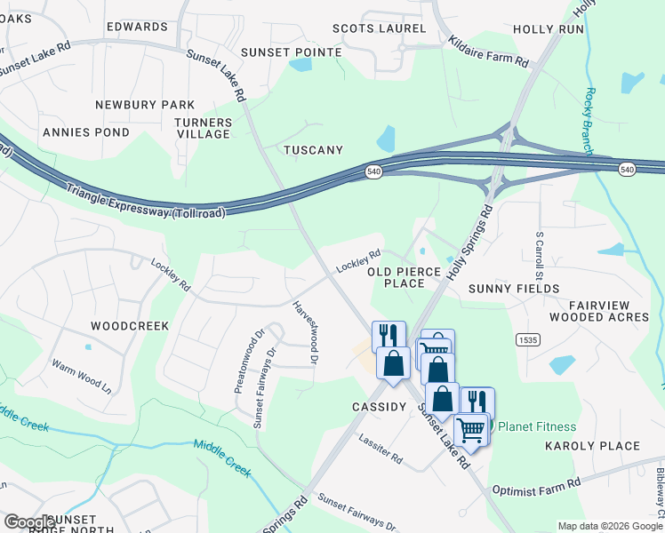 map of restaurants, bars, coffee shops, grocery stores, and more near 4632 Lockley Road in Apex
