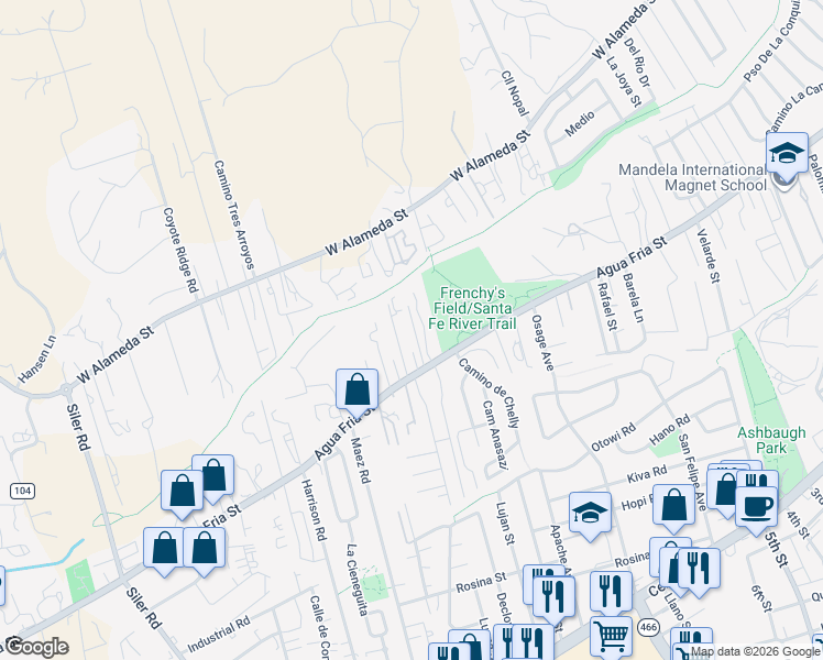 map of restaurants, bars, coffee shops, grocery stores, and more near 1318 Montoya Place in Santa Fe