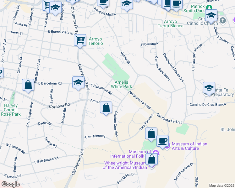 map of restaurants, bars, coffee shops, grocery stores, and more near 972 Old Santa Fe Trail in Santa Fe