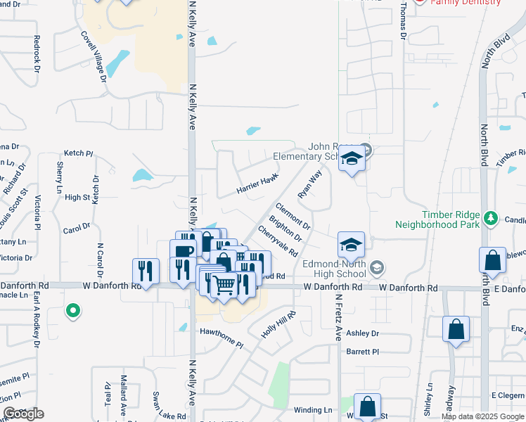 map of restaurants, bars, coffee shops, grocery stores, and more near 1619 Redtail Hawk in Edmond