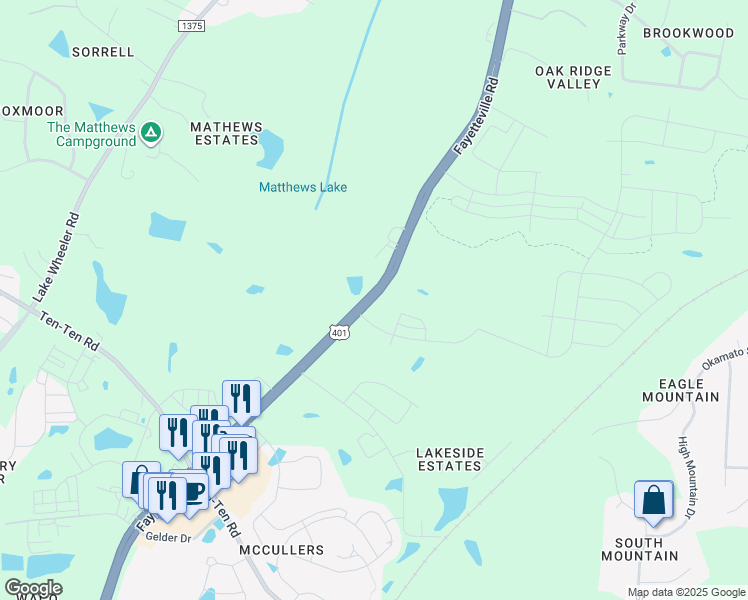 map of restaurants, bars, coffee shops, grocery stores, and more near 7509 Fayetteville Road in Raleigh