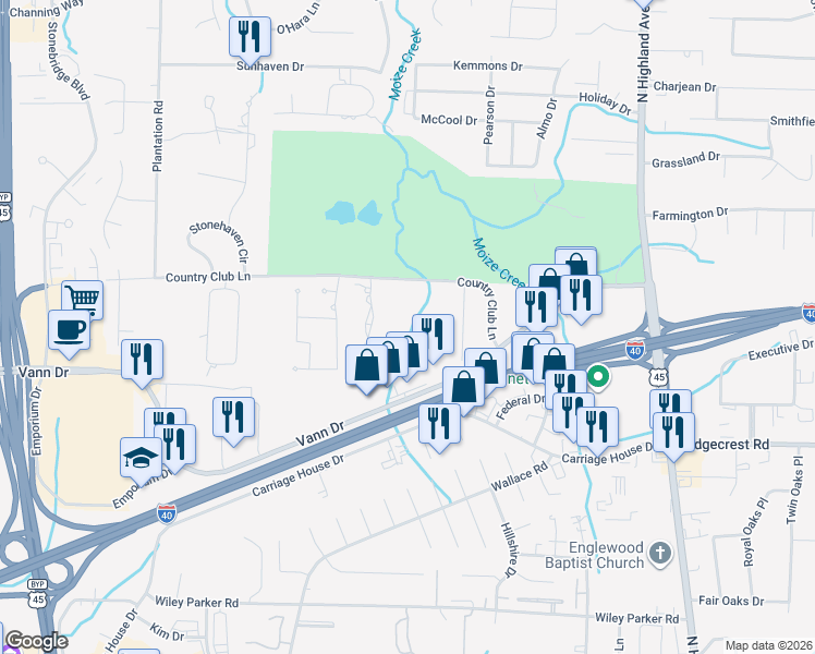 map of restaurants, bars, coffee shops, grocery stores, and more near 194 Country Club Ln in Jackson