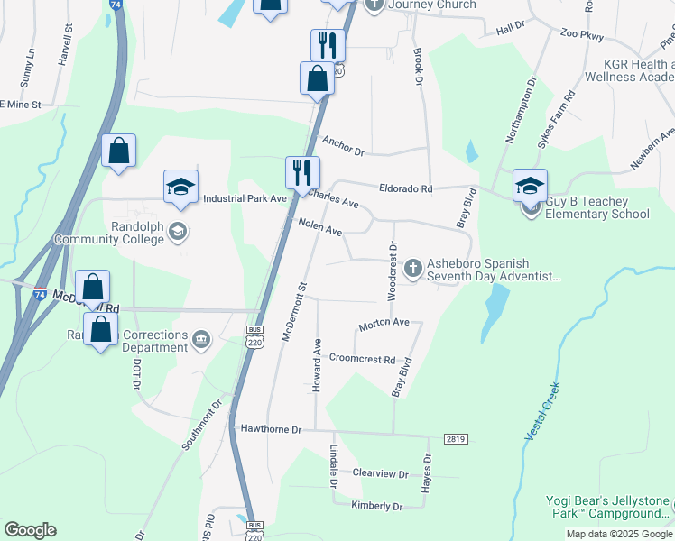 map of restaurants, bars, coffee shops, grocery stores, and more near 216 Legend Drive in Asheboro