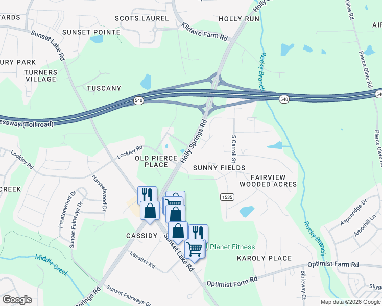 map of restaurants, bars, coffee shops, grocery stores, and more near 9701 Holly Springs Road in Apex