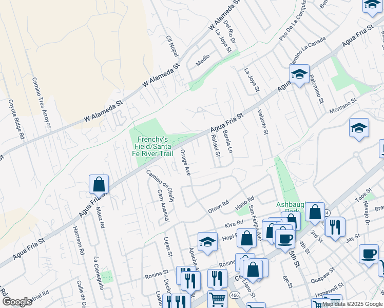 map of restaurants, bars, coffee shops, grocery stores, and more near 905 Osage Avenue in Santa Fe
