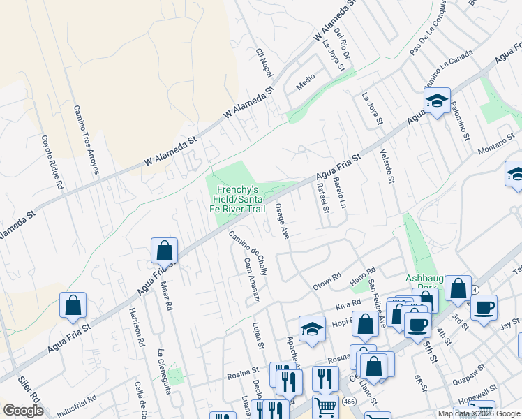 map of restaurants, bars, coffee shops, grocery stores, and more near 2164 Agua Fria Street in Santa Fe