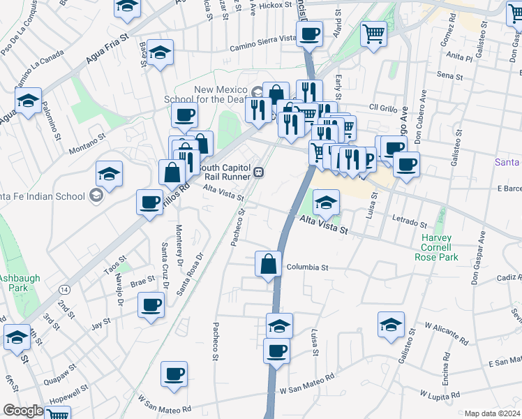 map of restaurants, bars, coffee shops, grocery stores, and more near 714 Alta Vista Street in Santa Fe