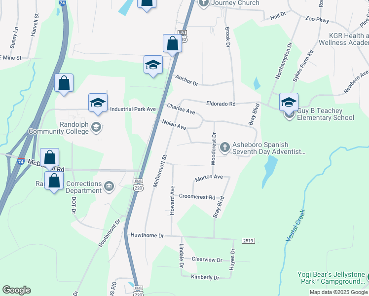map of restaurants, bars, coffee shops, grocery stores, and more near 216 Legend Drive in Asheboro