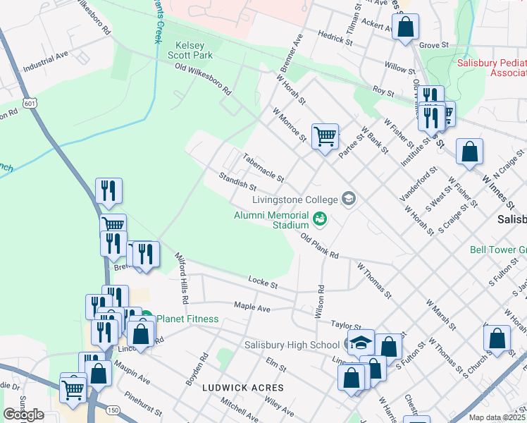 map of restaurants, bars, coffee shops, grocery stores, and more near 1216 Old Plank Road in Salisbury