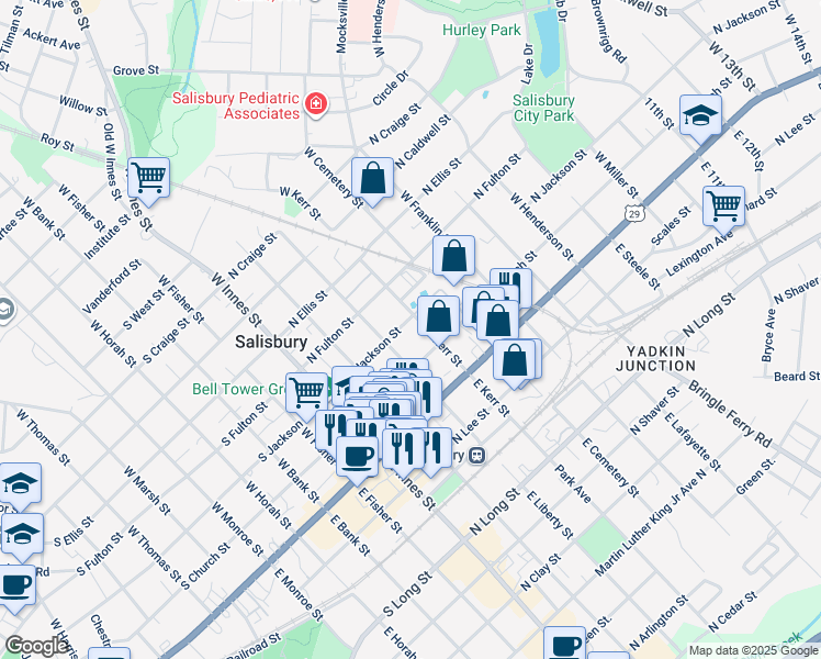 map of restaurants, bars, coffee shops, grocery stores, and more near 319 North Jackson Street in Salisbury