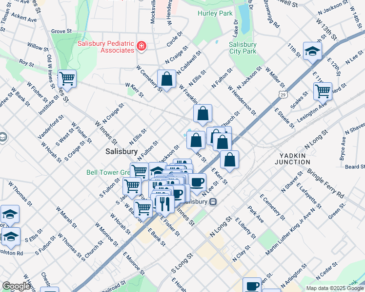 map of restaurants, bars, coffee shops, grocery stores, and more near 319 North Jackson Street in Salisbury