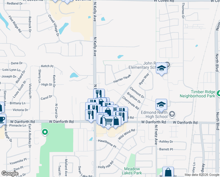 map of restaurants, bars, coffee shops, grocery stores, and more near 705 Cherryvale Road in Edmond