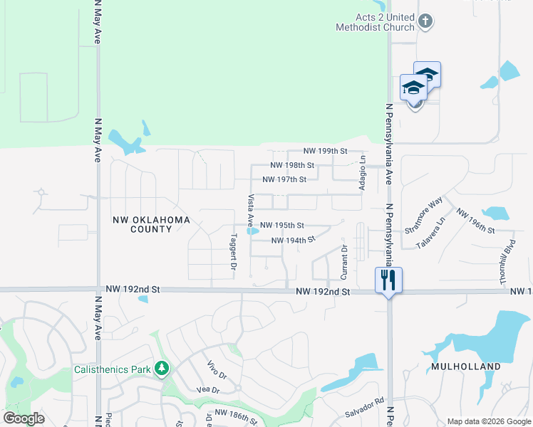 map of restaurants, bars, coffee shops, grocery stores, and more near 2424 Northwest 196th Terrace in Edmond