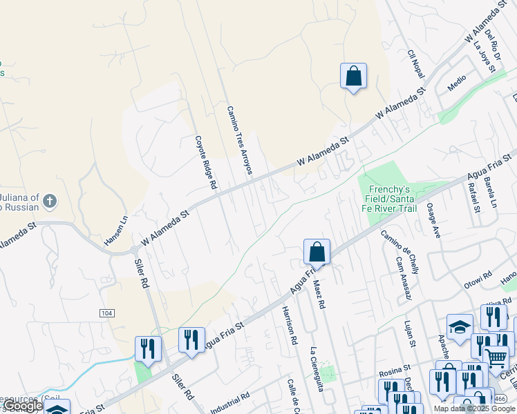 map of restaurants, bars, coffee shops, grocery stores, and more near 1122 Pueblo Quemado in Santa Fe