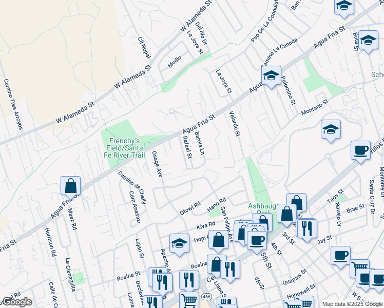 map of restaurants, bars, coffee shops, grocery stores, and more near 517 Rafael Street in Santa Fe