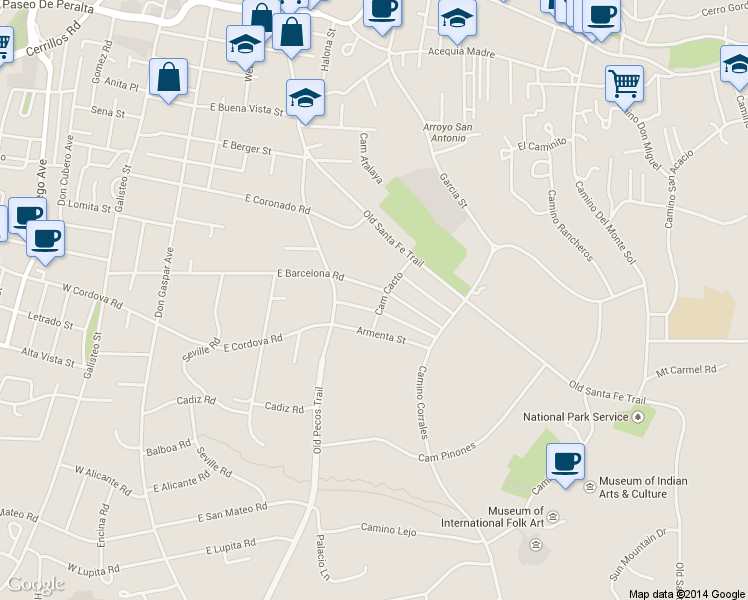 map of restaurants, bars, coffee shops, grocery stores, and more near 1206 Camino Cacto in Santa Fe