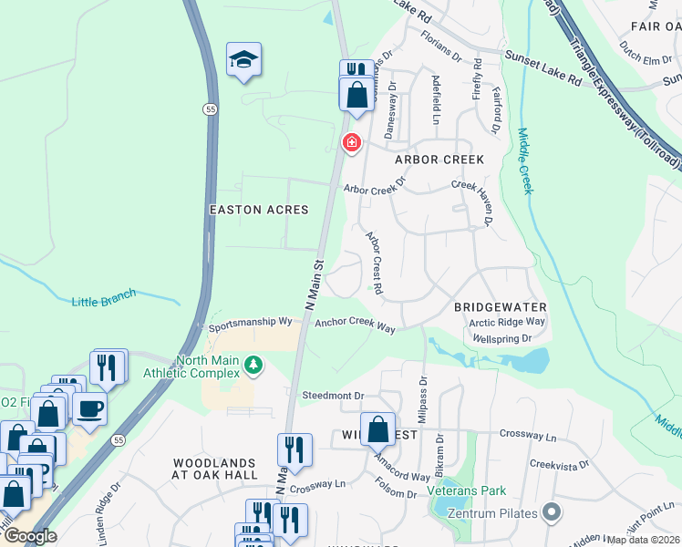 map of restaurants, bars, coffee shops, grocery stores, and more near 2000 Trellis Pointe Drive in Holly Springs