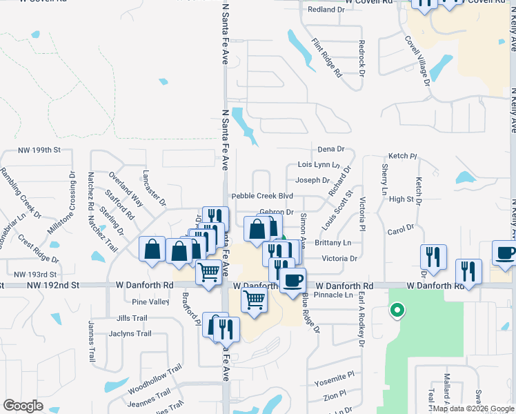 map of restaurants, bars, coffee shops, grocery stores, and more near 2109 Gebron Drive in Edmond