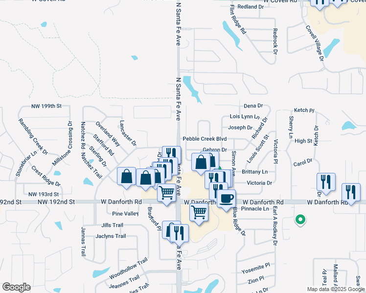 map of restaurants, bars, coffee shops, grocery stores, and more near 1621 Raquel Road in Edmond