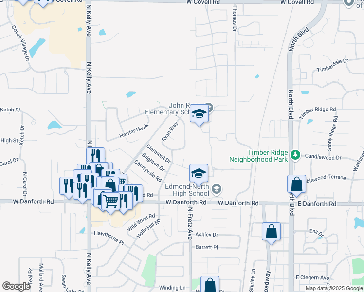 map of restaurants, bars, coffee shops, grocery stores, and more near 1701 Saint Christopher Drive in Edmond