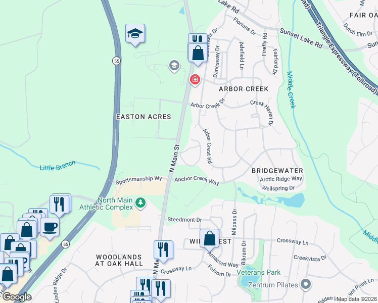 map of restaurants, bars, coffee shops, grocery stores, and more near 1700 Vine Street in Holly Springs