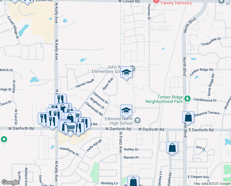 map of restaurants, bars, coffee shops, grocery stores, and more near 1701 Saint Christopher Drive in Edmond