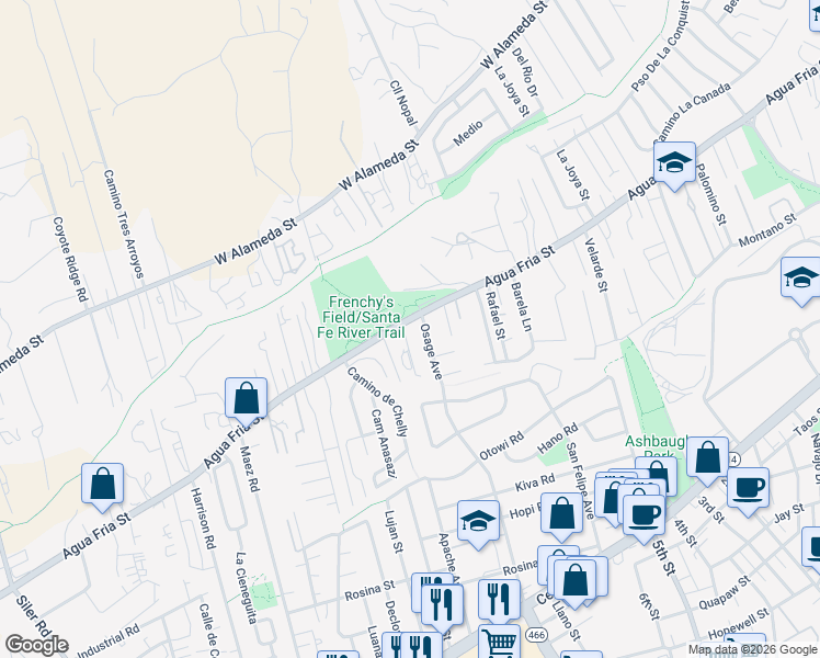 map of restaurants, bars, coffee shops, grocery stores, and more near 2164 Agua Fria Street in Santa Fe