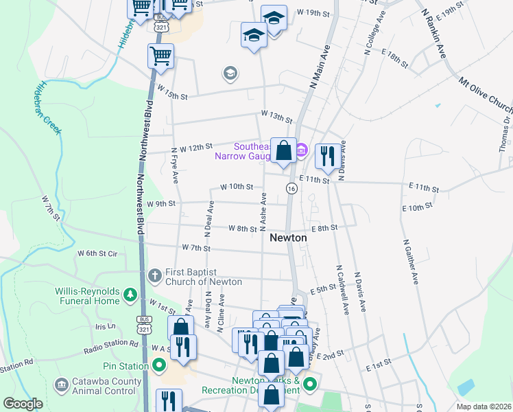 map of restaurants, bars, coffee shops, grocery stores, and more near 832 North Ashe Avenue in Newton