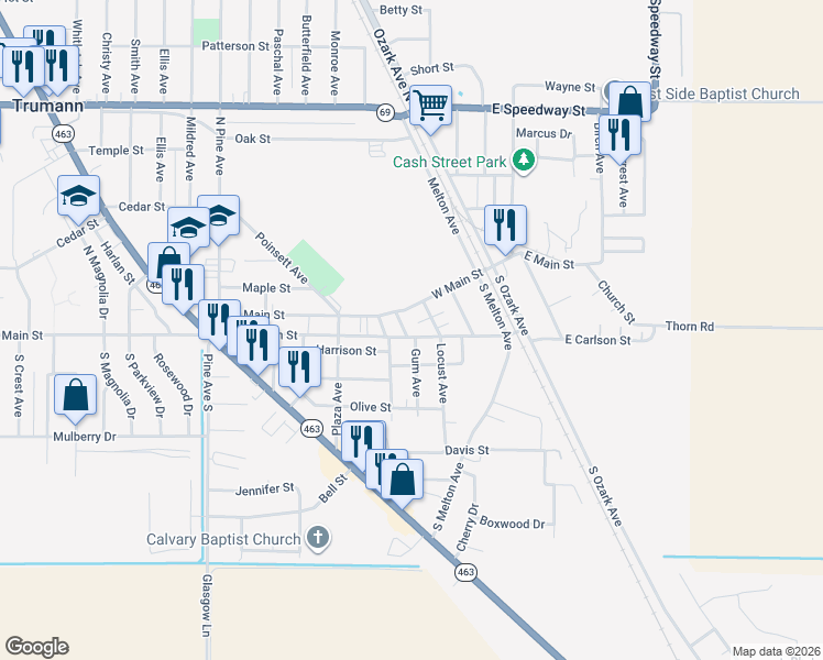 map of restaurants, bars, coffee shops, grocery stores, and more near 305 West Carlson Street in Trumann