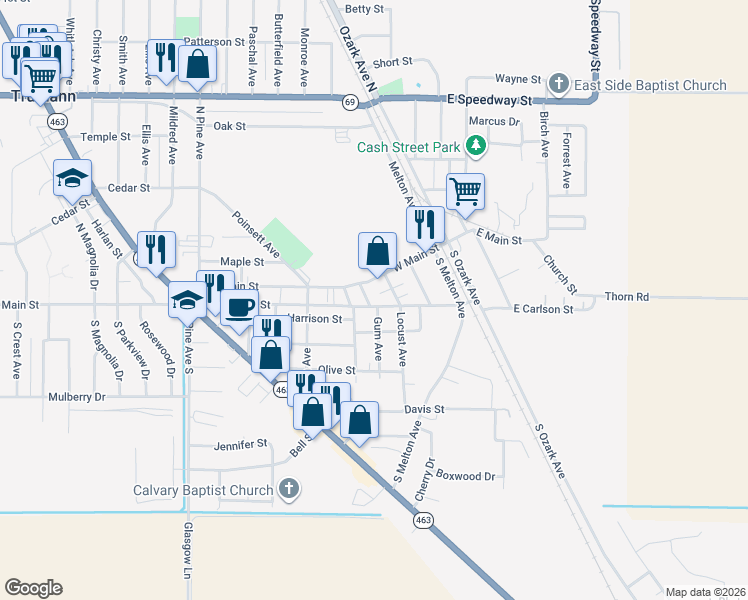 map of restaurants, bars, coffee shops, grocery stores, and more near 305 West Carlson Street in Trumann
