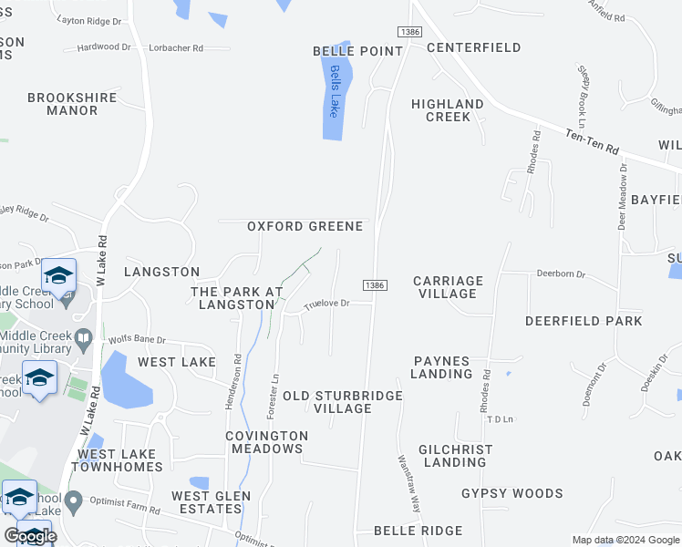 map of restaurants, bars, coffee shops, grocery stores, and more near 4016 Truelove Drive in Apex
