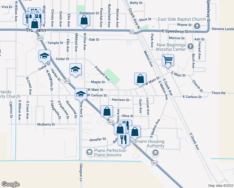 map of restaurants, bars, coffee shops, grocery stores, and more near 106 Plaza Avenue in Trumann