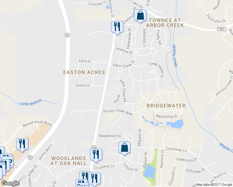 map of restaurants, bars, coffee shops, grocery stores, and more near 1700 Vine Street in Holly Springs