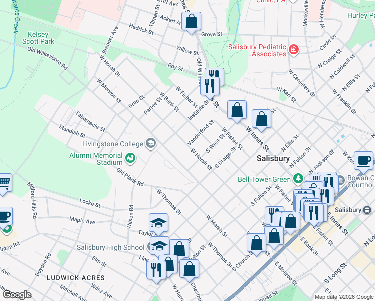 map of restaurants, bars, coffee shops, grocery stores, and more near 816 West Horah Street in Salisbury